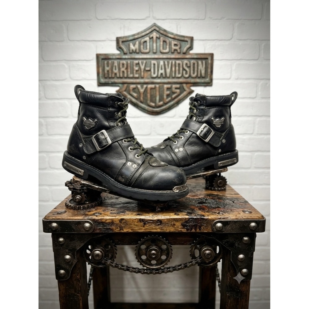 Harley-Davidson Mens Black Leather Motorcycle Boots Side Zip Buckle Size 10